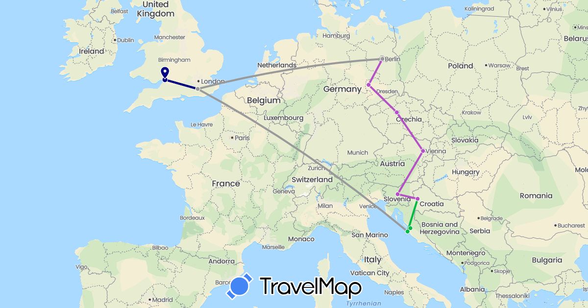 TravelMap itinerary: driving, bus, plane, train in Austria, Czech Republic, Germany, United Kingdom, Croatia, Slovenia (Europe)